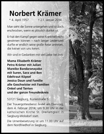 Anzeige von Norbert Krämer von Kölner Stadt-Anzeiger / Kölnische Rundschau / Express