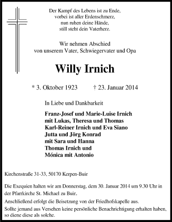 Anzeige von Willy Irnich von Kölner Stadt-Anzeiger / Kölnische Rundschau / Express