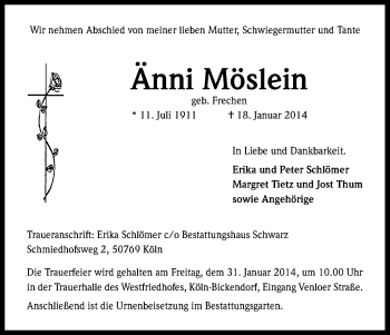 Anzeige von Anni Möslein von Kölner Stadt-Anzeiger / Kölnische Rundschau / Express