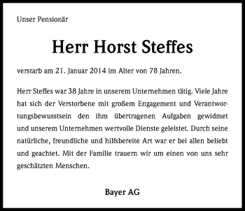 Anzeige von Horst Steffes von Kölner Stadt-Anzeiger / Kölnische Rundschau / Express