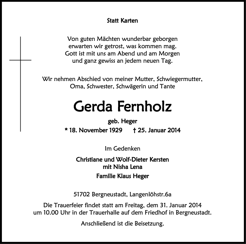 Traueranzeige für Gerda Fernholz vom 28.01.2014 aus Kölner Stadt-Anzeiger / Kölnische Rundschau / Express