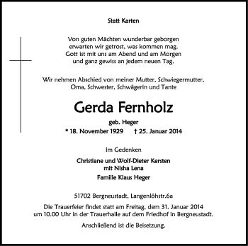 Anzeige von Gerda Fernholz von Kölner Stadt-Anzeiger / Kölnische Rundschau / Express