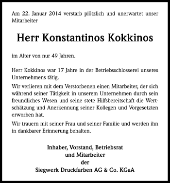 Anzeige von Konstantinos Kokkinos von Kölner Stadt-Anzeiger / Kölnische Rundschau / Express