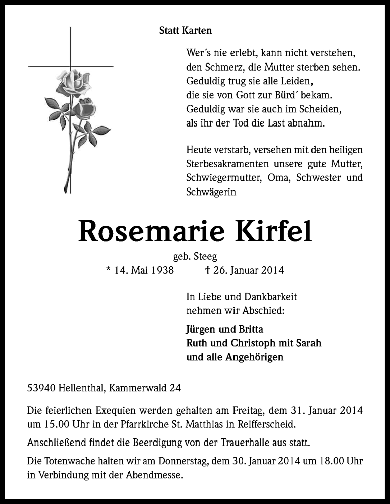  Traueranzeige für Rosemarie Kirfel vom 28.01.2014 aus Kölner Stadt-Anzeiger / Kölnische Rundschau / Express