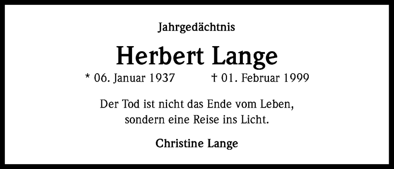  Traueranzeige für Herbert Lange vom 01.02.2014 aus Kölner Stadt-Anzeiger / Kölnische Rundschau / Express