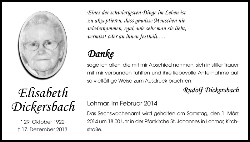  Traueranzeige für Elisabeth Dickersbach vom 08.02.2014 aus Kölner Stadt-Anzeiger / Kölnische Rundschau / Express
