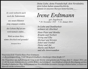 Anzeige von Irene Erdtmann von Kölner Stadt-Anzeiger / Kölnische Rundschau / Express