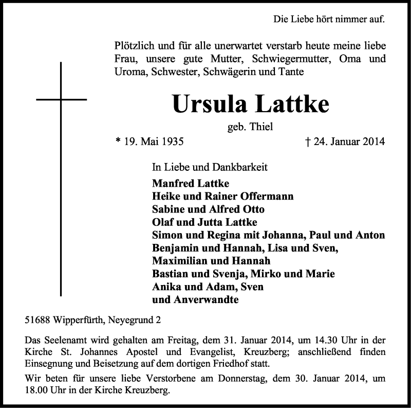  Traueranzeige für Ursula Lattke vom 28.01.2014 aus Kölner Stadt-Anzeiger / Kölnische Rundschau / Express