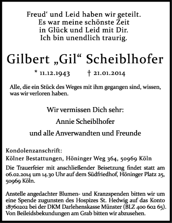 Anzeige von Gilbert Scheiblhofer von Kölner Stadt-Anzeiger / Kölnische Rundschau / Express