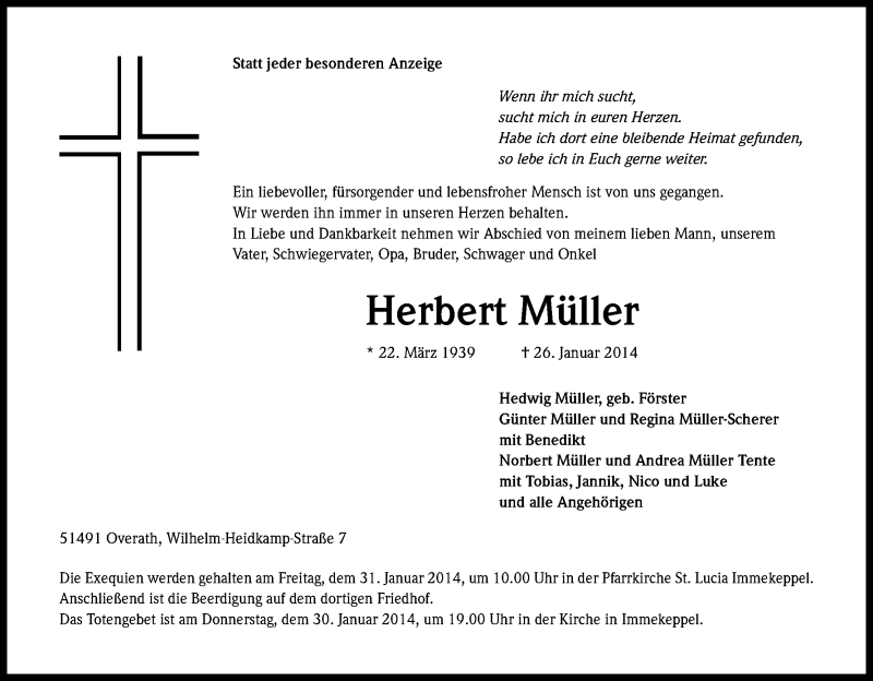  Traueranzeige für Herbert Müller vom 28.01.2014 aus Kölner Stadt-Anzeiger / Kölnische Rundschau / Express