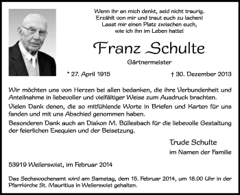 Anzeige von Franz Schulte von Kölner Stadt-Anzeiger / Kölnische Rundschau / Express