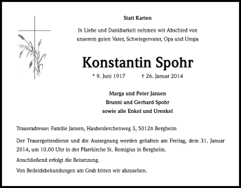 Anzeige von Konstantin Spohr von Kölner Stadt-Anzeiger / Kölnische Rundschau / Express