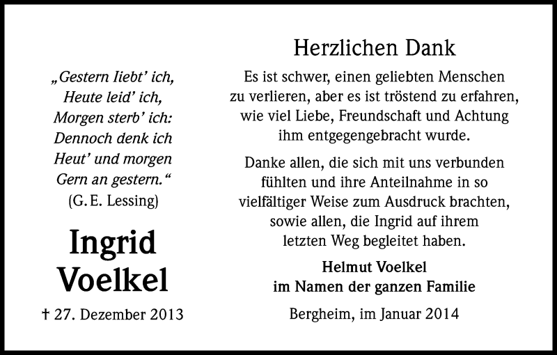  Traueranzeige für Ingrid Voelkel vom 29.01.2014 aus Kölner Stadt-Anzeiger / Kölnische Rundschau / Express