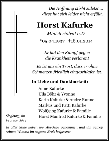 Anzeige von Horst Kafurke von Kölner Stadt-Anzeiger / Kölnische Rundschau / Express