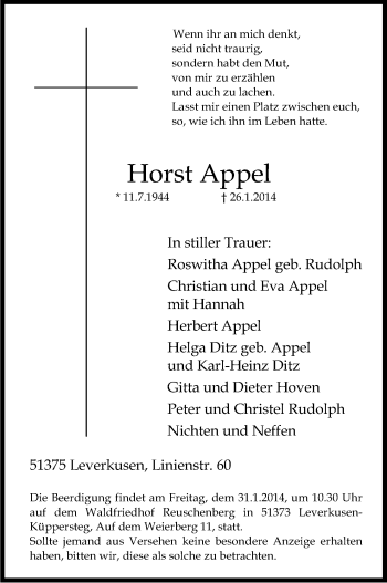 Anzeige von Horst Appel von Kölner Stadt-Anzeiger / Kölnische Rundschau / Express