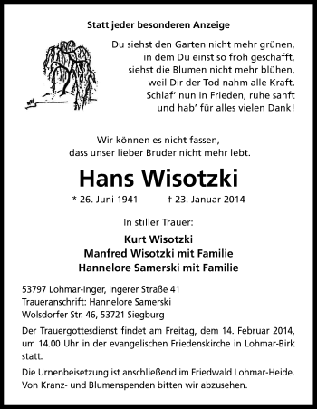 Anzeige von Hans Wisotzki von Kölner Stadt-Anzeiger / Kölnische Rundschau / Express