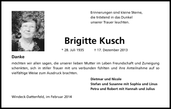 Anzeige von Brigitte Kusch von Kölner Stadt-Anzeiger / Kölnische Rundschau / Express