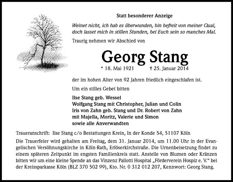 Traueranzeige für Georg Stang vom 29.01.2014 aus Kölner Stadt-Anzeiger / Kölnische Rundschau / Express