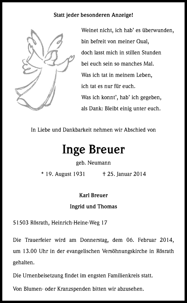  Traueranzeige für Inge Breuer vom 01.02.2014 aus Kölner Stadt-Anzeiger / Kölnische Rundschau / Express