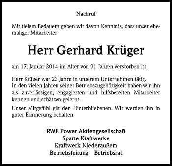 Anzeige von Gerhard Krüger von Kölner Stadt-Anzeiger / Kölnische Rundschau / Express