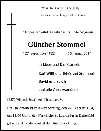Anzeige von Günther Stommel von Kölner Stadt-Anzeiger / Kölnische Rundschau / Express
