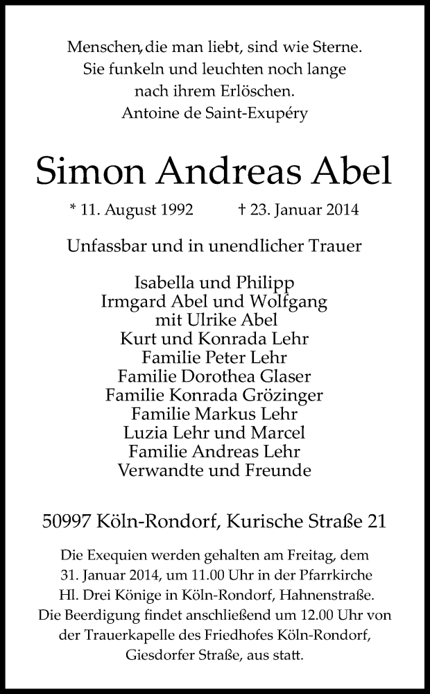 Traueranzeige für Simon Andreas Abel vom 29.01.2014 aus Kölner Stadt-Anzeiger / Kölnische Rundschau / Express