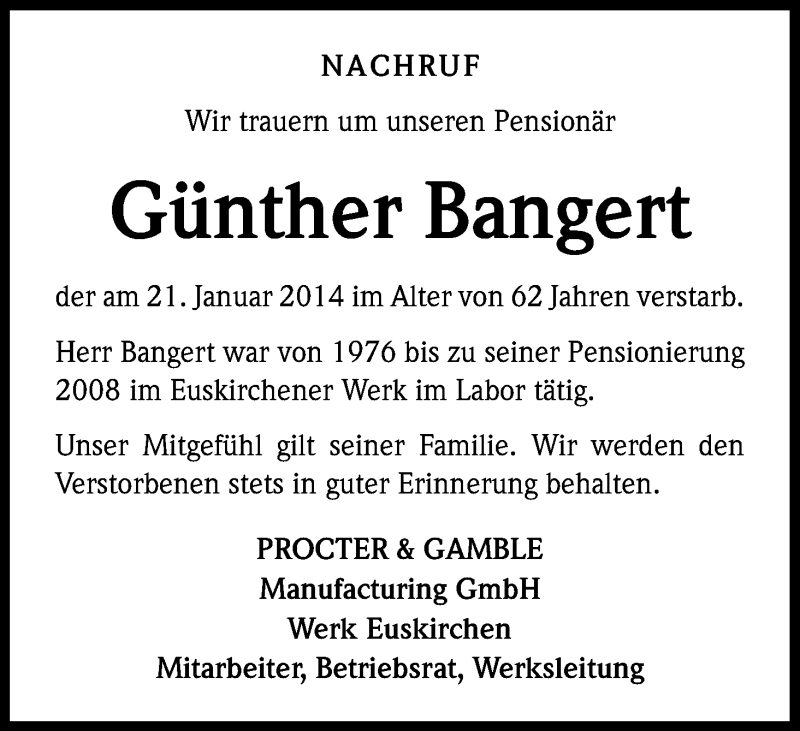  Traueranzeige für Günther Bangert vom 28.01.2014 aus Kölner Stadt-Anzeiger / Kölnische Rundschau / Express