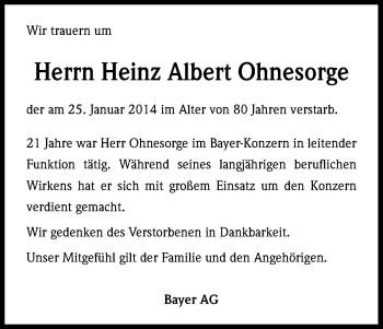 Anzeige von Heinz Albert Ohnesorge von Kölner Stadt-Anzeiger / Kölnische Rundschau / Express