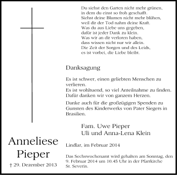 Anzeige von Anneliese Pieper von Kölner Stadt-Anzeiger / Kölnische Rundschau / Express