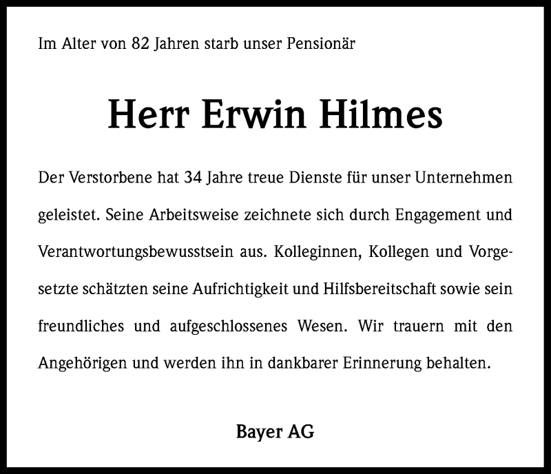  Traueranzeige für 2014.246282.0 Erwin Hilmes vom 29.01.2014 aus Kölner Stadt-Anzeiger / Kölnische Rundschau / Express