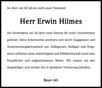 Anzeige von 2014.246282.0 Erwin Hilmes von Kölner Stadt-Anzeiger / Kölnische Rundschau / Express
