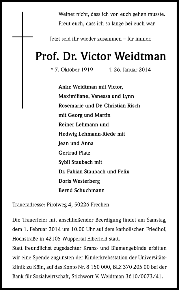  Traueranzeige für Victor Prof. Dr. Weidtman vom 29.01.2014 aus Kölner Stadt-Anzeiger / Kölnische Rundschau / Express