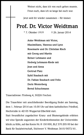 Anzeige von Victor Prof. Dr. Weidtman von Kölner Stadt-Anzeiger / Kölnische Rundschau / Express