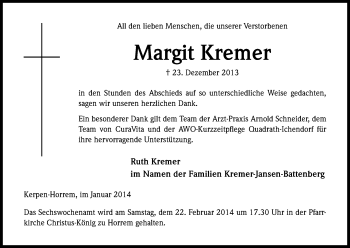 Anzeige von Margit Kremer von Kölner Stadt-Anzeiger / Kölnische Rundschau / Express