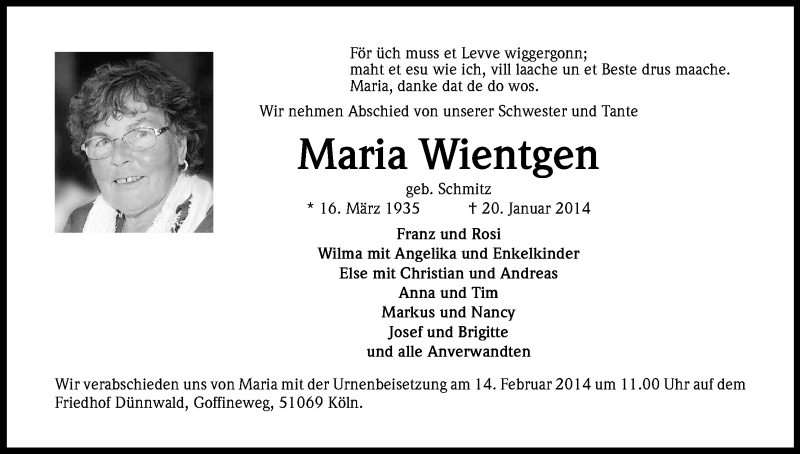  Traueranzeige für Maria Wientgen vom 01.02.2014 aus Kölner Stadt-Anzeiger / Kölnische Rundschau / Express