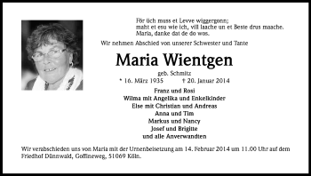 Anzeige von Maria Wientgen von Kölner Stadt-Anzeiger / Kölnische Rundschau / Express