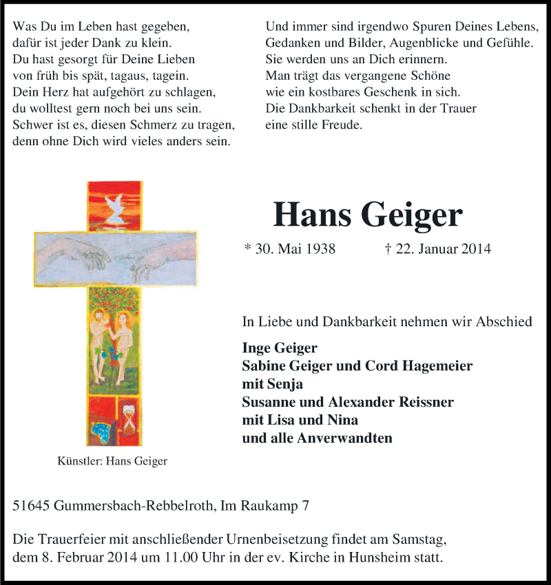  Traueranzeige für Hans Geiger vom 01.02.2014 aus Kölner Stadt-Anzeiger / Kölnische Rundschau / Express