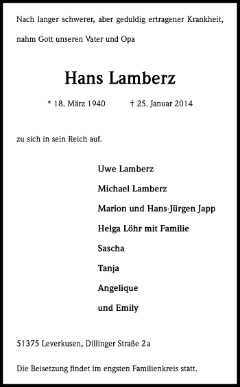 Anzeige von Hans Lamberz von Kölner Stadt-Anzeiger / Kölnische Rundschau / Express