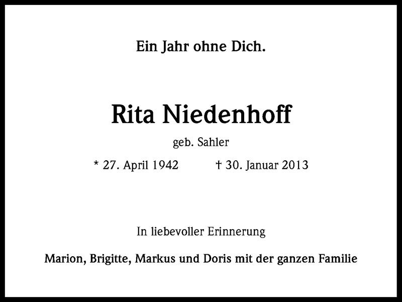  Traueranzeige für Rita Niedenhoff vom 01.02.2014 aus Kölner Stadt-Anzeiger / Kölnische Rundschau / Express