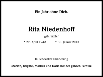 Anzeige von Rita Niedenhoff von Kölner Stadt-Anzeiger / Kölnische Rundschau / Express
