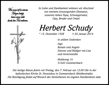 Anzeige von Herbert Schudy von Kölner Stadt-Anzeiger / Kölnische Rundschau / Express
