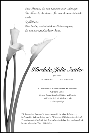 Anzeige von Kordula Julie Sattler von Kölner Stadt-Anzeiger / Kölnische Rundschau / Express