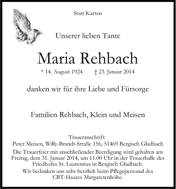 Anzeige von Maria Rehbach von Kölner Stadt-Anzeiger / Kölnische Rundschau / Express