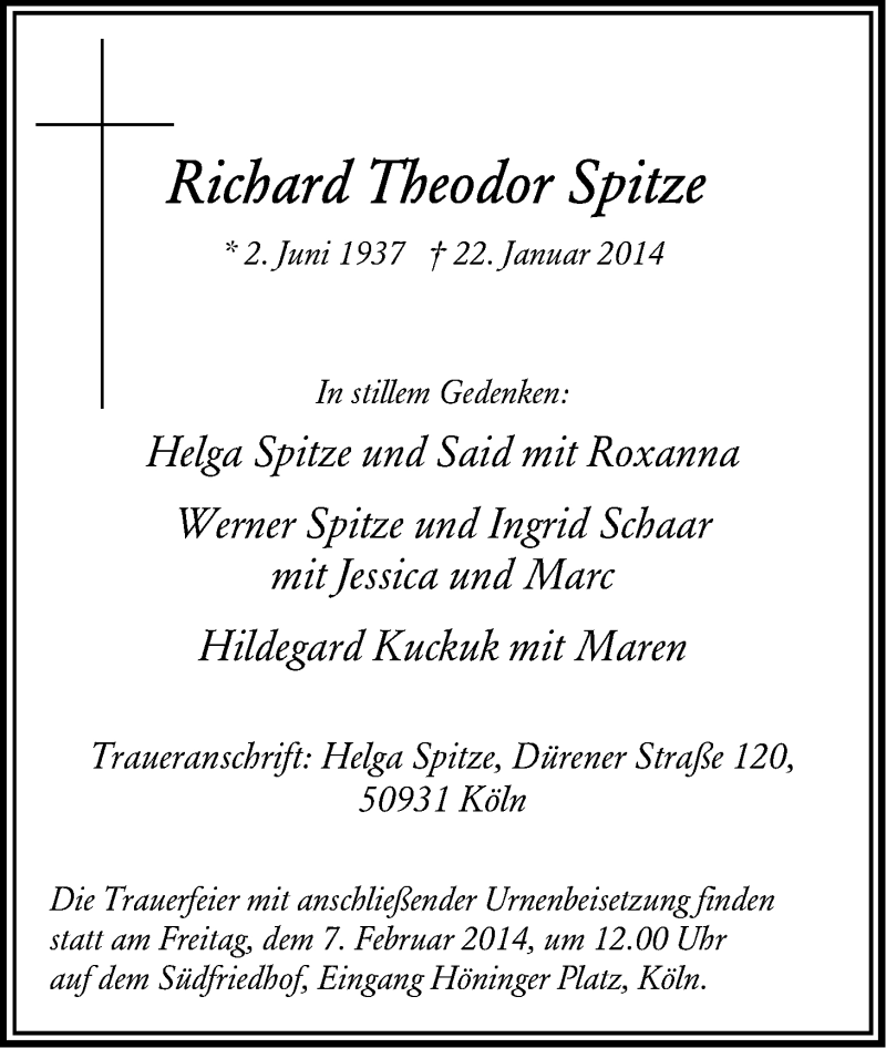  Traueranzeige für Richard Theodor Spitze vom 01.02.2014 aus Kölner Stadt-Anzeiger / Kölnische Rundschau / Express