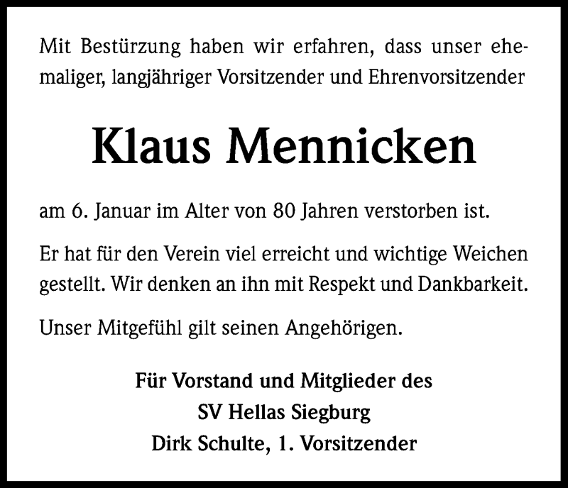  Traueranzeige für Klaus Mennicken vom 29.01.2014 aus Kölner Stadt-Anzeiger / Kölnische Rundschau / Express