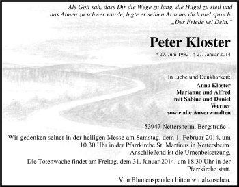 Anzeige von Peter Kloster von Kölner Stadt-Anzeiger / Kölnische Rundschau / Express