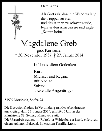 Anzeige von Magdalene Greb von Kölner Stadt-Anzeiger / Kölnische Rundschau / Express