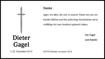 Anzeige von Dieter Gagel von Kölner Stadt-Anzeiger / Kölnische Rundschau / Express