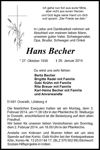 Anzeige von Hans Becher von Kölner Stadt-Anzeiger / Kölnische Rundschau / Express