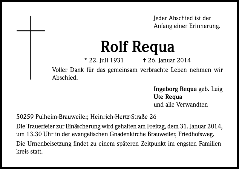  Traueranzeige für Rolf Reqa vom 29.01.2014 aus Kölner Stadt-Anzeiger / Kölnische Rundschau / Express